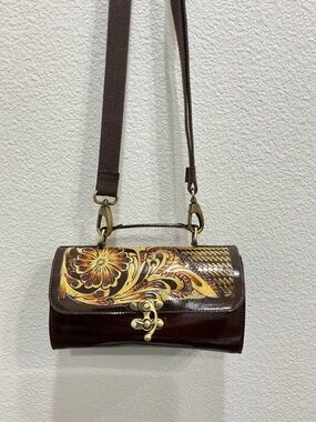 Brown Leather Floral Tooled Leather Barrel Crossbody Bag